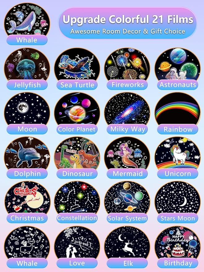 Night Light for Kids + 21 Sets of Films, Kids Night Light Projector for Bedroom, Ceiling, Projector Night Night for Baby Girls with 360° Rotation, Dimmable for Birthday, Christmas, Nursery, Room Decor