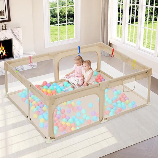 Dripex Large Baby Playpen 71"x47", Big Play Pens for Babies and Toddlers- Indoor & Outdoor Kids Safe Play Area, Soft Breathable Visible Mesh, Anti-Fall & Anti-Slip Design Baby Fence, Khaki