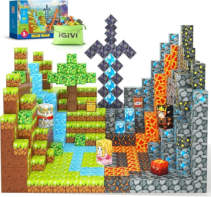 Magnetic Blocks - Build Mine Magnet World Lava Valley Set, 1" Magnetic Cube Building Toys for Kids Ages 3+, Montessori Sensory Toys for Toddlers, Creative Game Themed Toy Gifts for Boys & Girls