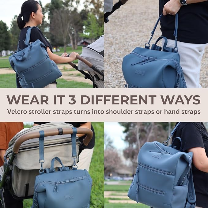 BUNSO Neoprene Diaper Bag – minimalist, water-resistant backpack with pouch, changing pad, and stroller straps. Lightweight unisex baby diaper bag in Slate Blue