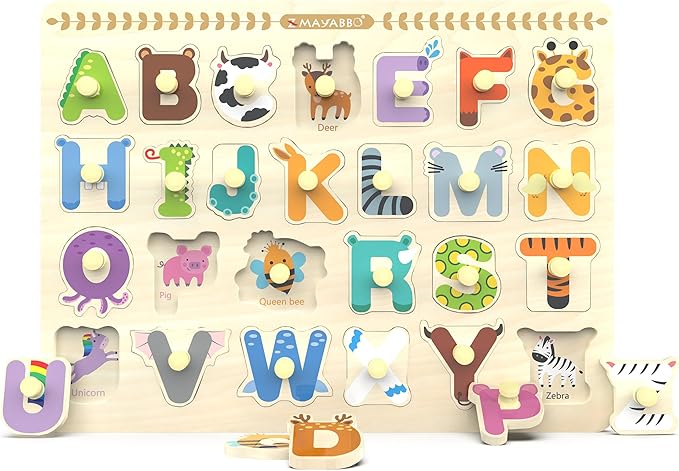 Wooden Peg Puzzles for Toddlers, Baby Puzzles Alphabet Board, Preschool Knob Puzzle