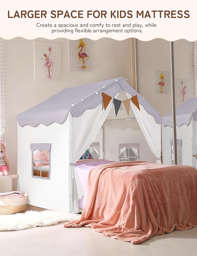 Besrey Kids Play Tent 2 in 1 with Padded Mat and Lights, Large Kids Playhouse with 2 Doors & 4 Windows, Indoor & Outdoor, Christmas Toddler Tent, 51" x35" x 51" (Purple)