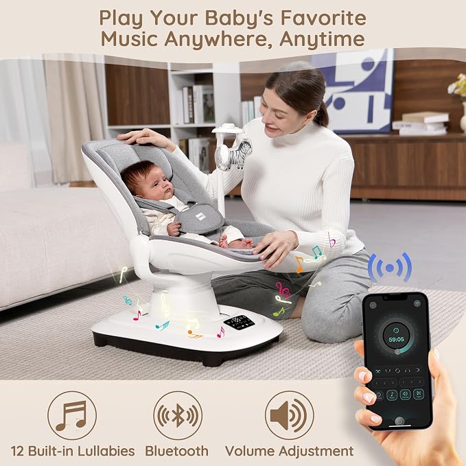 Baby Swings for Infants, Electric 3D-Motion Baby Swings with 7 Modes, 5-Point Harness, APP Control, 12 Preset Melodies, Indoor Toddler Swing for Boys Girls, Newborn Nursery Essentials (7-33lbs)