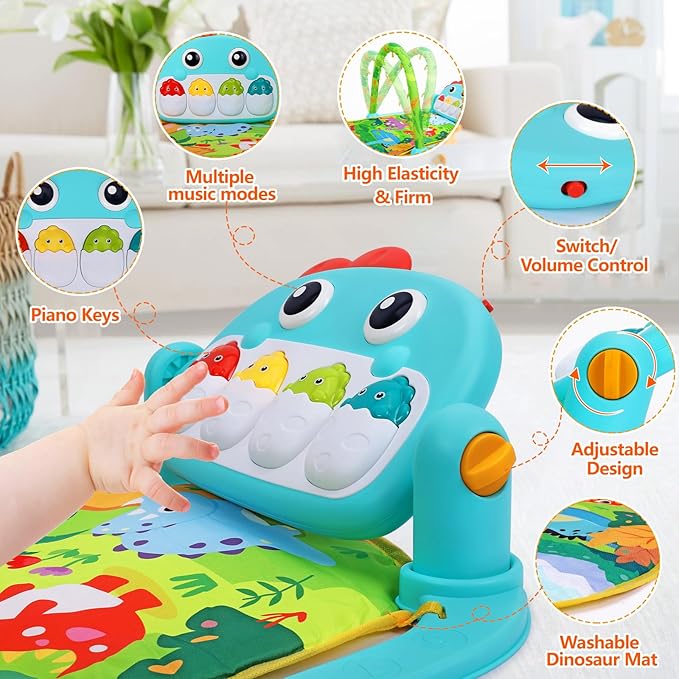 UMIKU Baby Gym Play Mats Baby Tummy Time Mat Musical Activity Center for Newborn Infant Piano Babies Play Mat Music & Light Newborn Infant Gifts for Babies 0-3 6 9 12 Months Dinosaur Style
