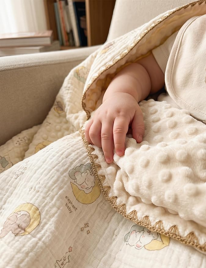 Baby Blanket 40x40 Inches,Muslin Cotton and Minky Dotted Double Layer Soft Receiving Blanket for Newborn Toddler,Lunar Elephant
