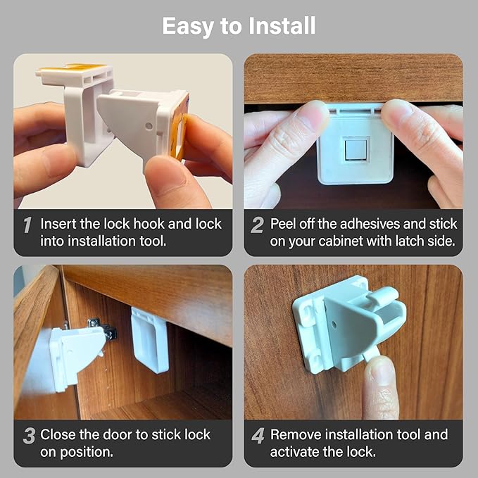 Magnetic Cabinet Locks (6-Packs 1 Key), Baby Proofing Drawer Lock, Multi-Purpose Cupboard Drawers Latches, Safe & Easy Install, Strong Adhesive, No Screws or Tools Needed.
