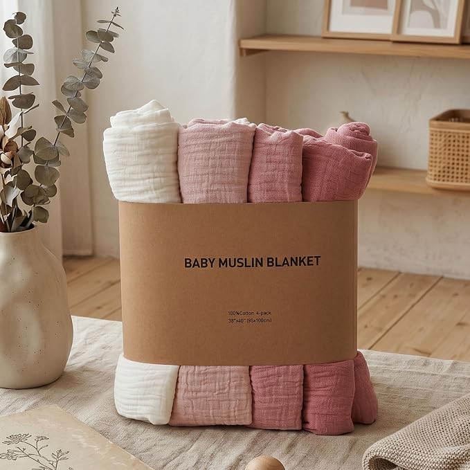 Muslin Swaddle Blankets for Newborn, 4 Pack Breathable Soft Receiving Blanket, Large 38 x 40 inches Swaddle Wrap Burping Clothes, Essentials Infant Shower Items, Toddler Gift (Sweet Pink)