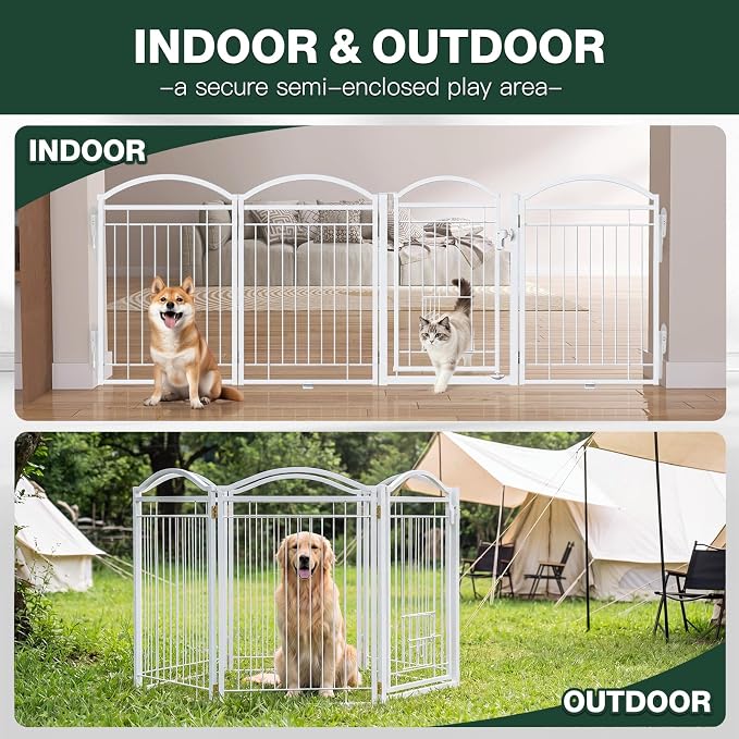 Metal Freestanding Dog Gate with Cat Door for Indoor & Outdoor,30" Tall Foldable Dog Fence,160" Extra Wide Freestanding Pet Gate for Large Openings,RV Camping,Stairs,Deck,Yard,Doorways(8 Panels,White)