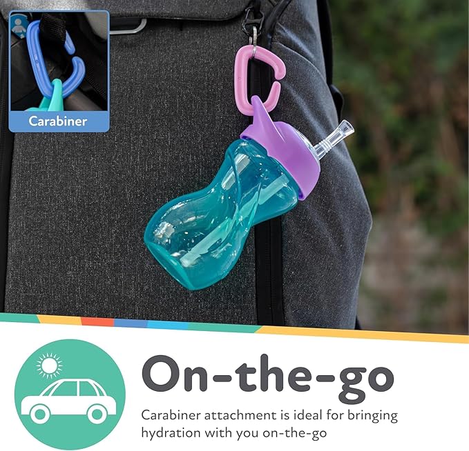 Nuby No-Spill Clik-It Flexi Straw Sippy Cup with Carabiner Clip - (3-Pack) 10 oz - Baby Sippy Cup for 6+ Month Old with Easy Grip - Aqua/Pink/Purple