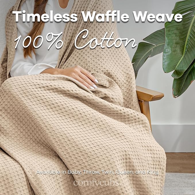 Comfy Cubs Waffle Blanket Queen, 90" x 90" - 100% Cotton Lightweight Breathable Bed Blanket - Soft Textured Thermal Weave for All Seasons – Decorative Cozy Layer for Couch, Sofa, or Bed - Sand