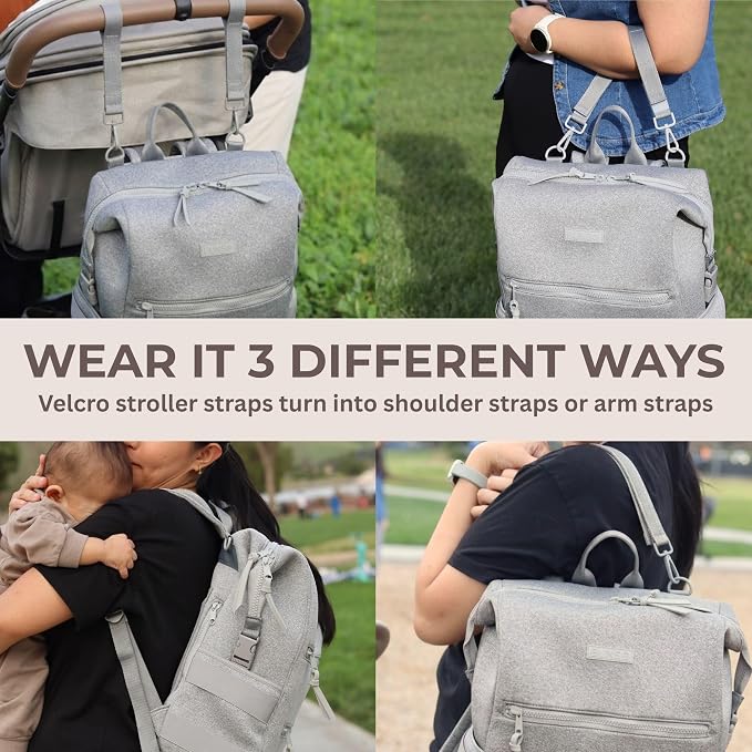 BUNSO Neoprene Diaper Bag Backpack, Water-resistant, Travel Baby Bag With Changing Pad, Stroller Straps, Wet Bag and Pouch (Gray)