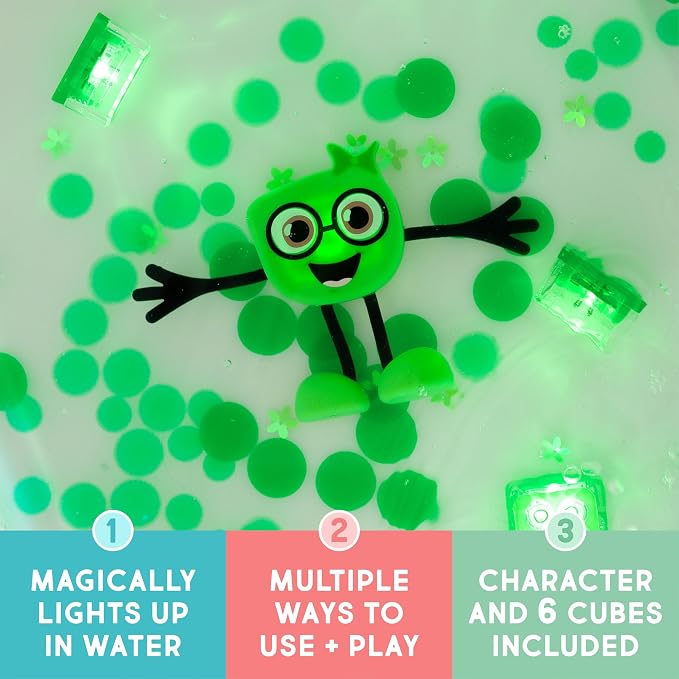 Glo Pals Water-Activated Light-Up Sensory Bath Toy Character and 6 Cubes for Bathtime and Sensory Play, Pippa, Glows Green