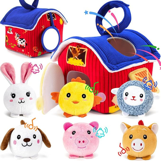 Montessori Sensory Toys for Baby - First Surprise Barn with 6 Stuffed Farm Animals - Rattles, Crinkles, Squeak, Mirror - 6-12 Months Infant &1-3 Years Toddler boy Girl Gifts & Travel Toy