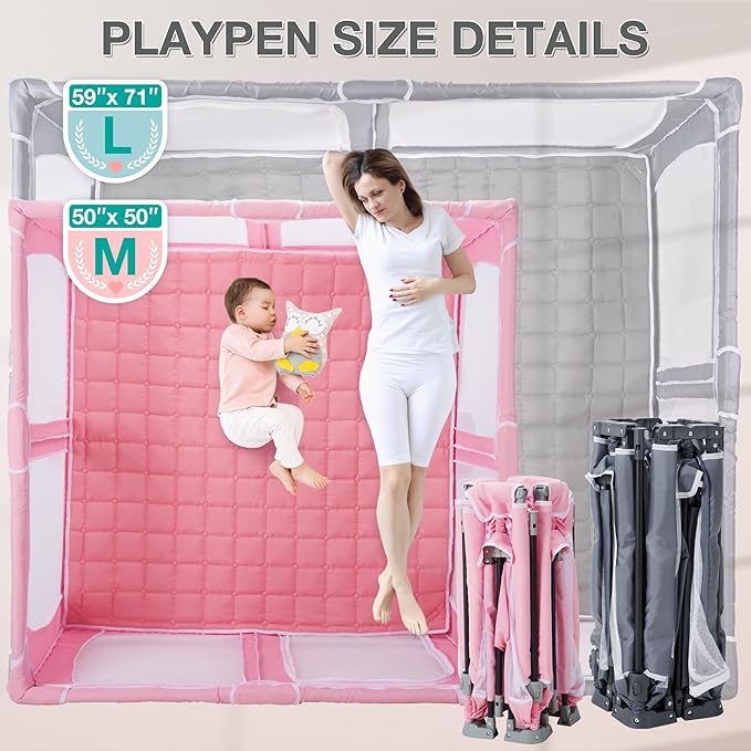 Foldable Baby Playpen,PlayPens for Babies and Toddlers，Indoor Outdoor Safety Play Area, Portable Child Activity Large Collapsible Play Yard，Folding Fence (Cationic Fabric-Pink, 59"x71")