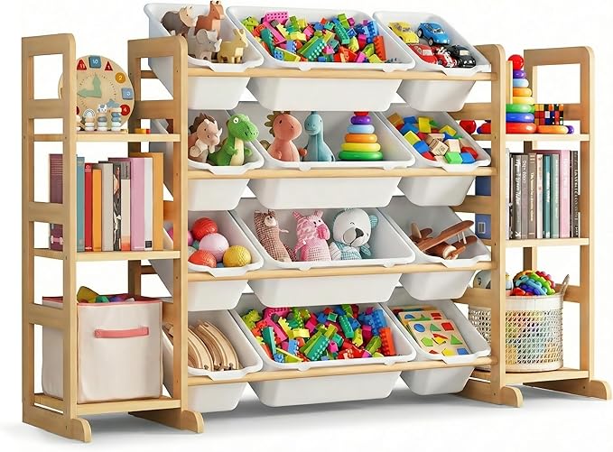 Kiddocood Kids Toy Storage Organizer with 12 Bins, 100% Solid Wood - Natural Finish Montessori Toy Organizer, BPA Free, CPC-Certified Playroom Organization for Living Room & Nursery, 52.3"