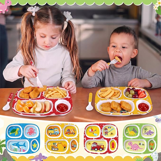 Jinei 4 Set Melamine Dinner Plate for Kids Dinnerware Dishes Set with Fork and Spoon Firefighter Dinosaur Construction Sea Animal Divided Melamine Plates for Boys Toddlers BPA Free Dishwasher Safe