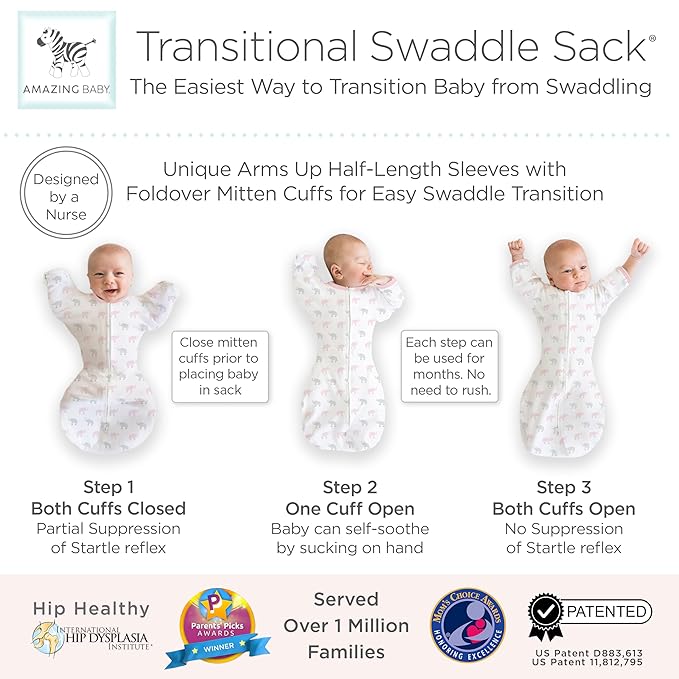 Amazing Baby Transitional Swaddle Sack, Arms Up Half-Length Sleeves & Mitten Cuffs, Swaddle for Newborn Transition to Baby Sleep Sack Wearable Blanket, Large, 6-9 mo, 21-24 lb, Pink Tiny Elephants