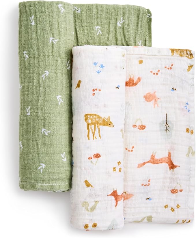 aden + anais Essentials Cotton Muslin Swaddle, Breathable Baby Blanket, Ideal for Boys, Girls, Newborns, Babies & Infants, Receiving Blanket, Soft and Lightweight Wrap, 2 Pack, Sage Woodland