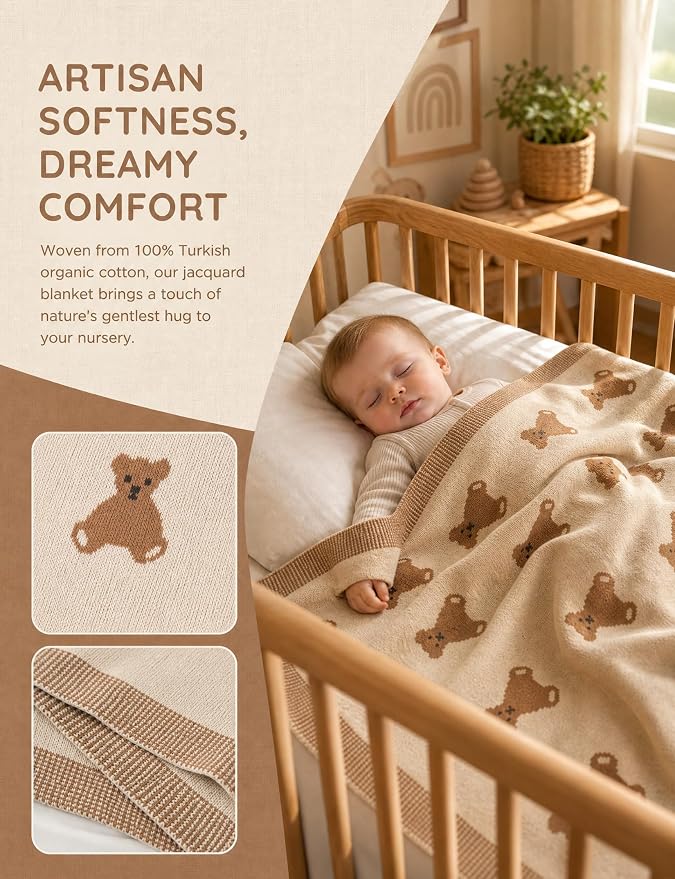 Organic Cotton Baby Blanket - Soft Luxury Knit Receiving Blanket for Newborns & Toddlers, Cozy Breathable Stroller Blanket with Pattern, Unisex, 30x40Inch（Bear-Khaki）
