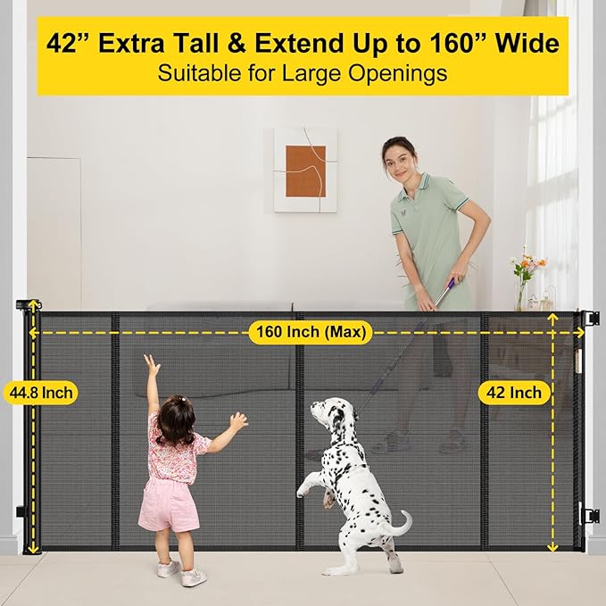 Reinforced 42??Tall x 160??Extra Wide Retractable Baby Gates with Support Rods, Outdoor Pet Gate for Wide Openings, Tall Baby Gates for Dogs Extra Long Dog Gate Large Outdoor Gates for Decks, Black