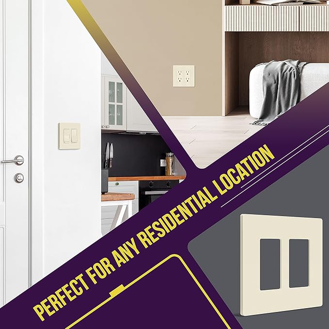 ENERLITES Screwless Decorator Wall Plates Child Safe Outlet Covers, Gloss Finish, Medium Size 2-Gang 4.88" H x 4.92??L, Unbreakable Polycarbonate Thermoplastic, SI8832M-LA-10PCS, Light Almond, 10 Pack