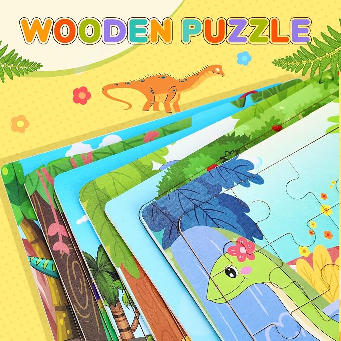 SANNIX Dinosaur Wooden Puzzles with 12 Storage Bags, Dinosaurs, Animals, Puzzles for 3 4 5 Year Old Kids, Party Gifts, Travel Toys for Boys and Girls