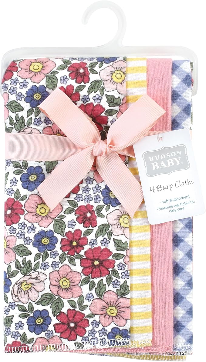 Hudson Baby Cotton Poly Flannel Burp Cloths Multipack, Pink Blue Pretty Floral 8-Pack, One Size
