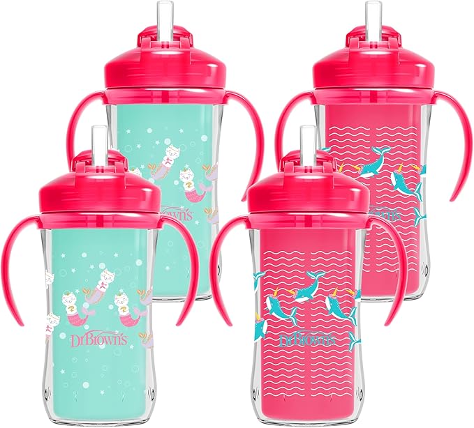 Dr. Brown's Milestones Insulated Sippy Cup with Straw and Handles, Spill-Proof Tumbler with Lid, Pink, 10 oz/300 mL, BPA-Free, 12m+, 4-Pack