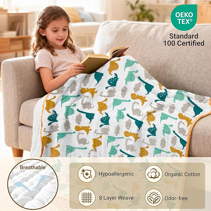 ZPECC Muslin Baby Blanket Thicker, 30x40 Organic Cotton Newborn Receiving Quilt Hypoallergenic for Baby Essentials Swaddle Crib Stroller, Dinosaur