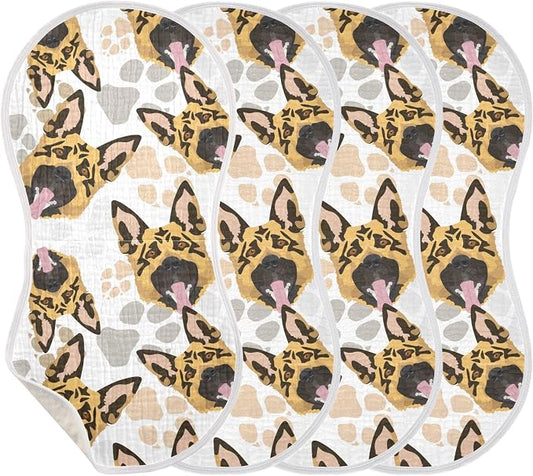 Muslin Burp Cloths for Baby Boys and Girls - 4-Pack Ultra Absorbent German Shepherd Dog Muslin Washcloths, Newborn Towel, Milk Spit Up Rags, Burp Cloth Bib for Unisex, 22 x 11 Inch