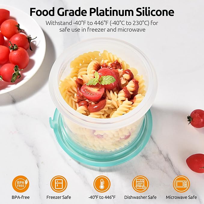 U-Taste 2 Cup Silicone Food Container: Meal Prep Kitchen Storage with Airtight Lid, Freezer & Microwave Safe, Lunch Box with Date Marking Circle, Clear Stackable for Portion Control (2-PC, Aqua Sky)