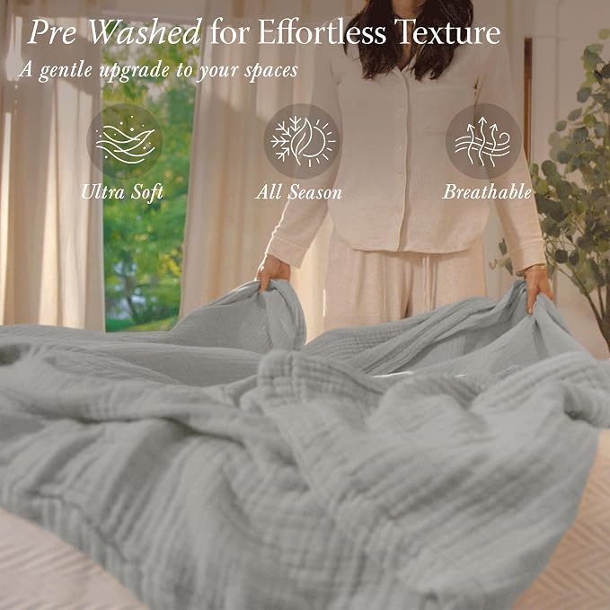 Threadmill King Size Muslin Blanket | 4 Layer Gauze Bed Blanket for All Seasons | Soft, Breathable, and Cozy Picnic Blanket| Pre Washed, Lighweight Blanket Fits Cal King Size Bed | Light Grey