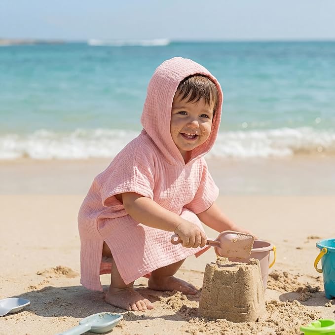 Frienda Muslin Hooded Beach Towel for 0-3 Years Kids Soft Muslin Bath Poncho for Baby Absorbent Fast Drying Blankets for Boys Girls Newborns Toddler Beach Pool Bath Essentials(Pink)