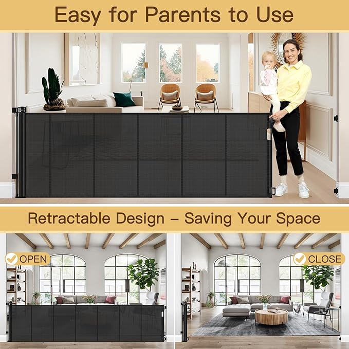 Reinforced 159 Inch Extra Wide Baby Gate for Large Opening with Support Rod, Indoor/Outdoor Retractable Baby Gates Extra Wide, Prevent Babies and Dogs from Crawling Through Retractable Dog Gate, Black