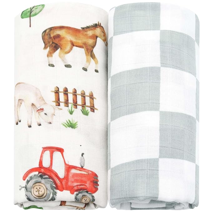 LifeTree Muslin Swaddle Blankets, Farm Animals Baby Swaddling Wrap Nursery Receiving Blanket for Boys & Girls, Soft 70% Viscose from Bamboo and 30% Cotton, Large 47 x 47 inches