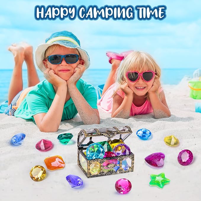 DISHIO Diving Gem Pool Toys 16PCS Large Swimming Pool Toy Set with Pirate Treasure Box Chest for Kids Toddlers Underwater Sinking Dive Gems Colorful Diamond Diving Toys for Swimming Training