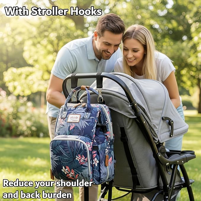 Floral Diaper Bag Backpack with USB Charging Port Stroller Straps and Insulated Pocket,Travel Nappy BackpackFor Women/Mum (Flower Pattern)
