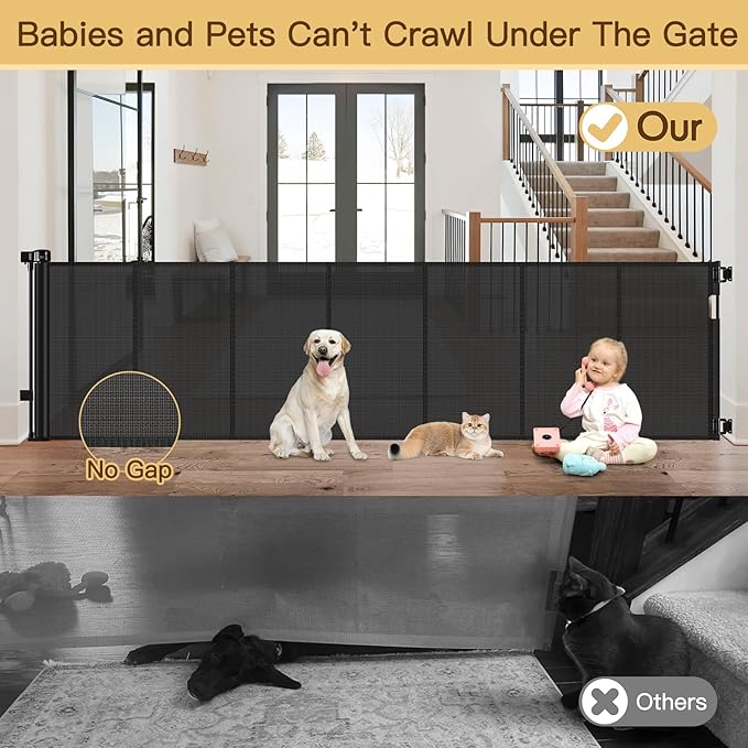 Reinforced 159 Inch Extra Wide Baby Gate for Large Opening with Support Rod, Indoor/Outdoor Retractable Baby Gates Extra Wide, Prevent Babies and Dogs from Crawling Through Retractable Dog Gate, Black