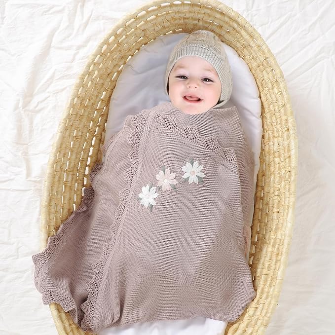 LAWKUL Baby Blanket 100% Traceable Cotton Knit Receiving Blankets Crib Blanket for Newborn Boy Girls 40"x30" White Floral