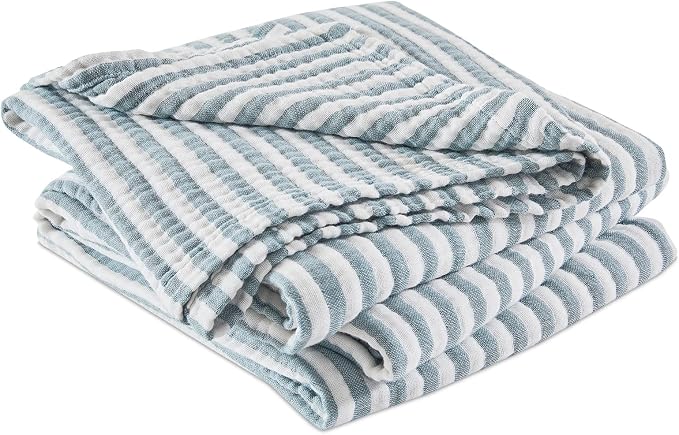 EMME Cotton Muslin Large Throw Blanket Couch 4-Layer Breathable Gauze Soft Lightweight Bed Blankets Adults (Striped Teal, 50"x71")