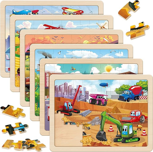 SYNARRY Wooden Vehicle Puzzles for Kids Ages 4-6, 6 Packs 60 PCs Jigsaw Puzzles Preschool Educational Toys Gifts for Children Ages 4-8, Kids Toys Gifts for 4+ Year Olds Boys Girls
