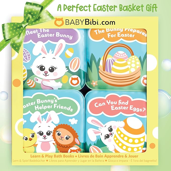 Bath Book Set for Babies & Toddlers ??4 Colorful, Soft, and Waterproof Bath Books with Bunny & Animal Friends ??Fun Bath Toys & Basket Stuffers ??Perfect for Easter & Baby Showers