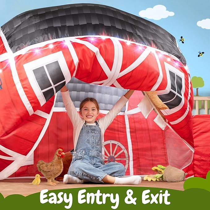 W&O Farmhouse Barn Aerodome with LED Lights & Farm Sound Button ??Inflatable Farm Play Tent ??Kids Play Tent Indoor ??Sets Up in Seconds for Ages 3-12 (Fan Not Included)