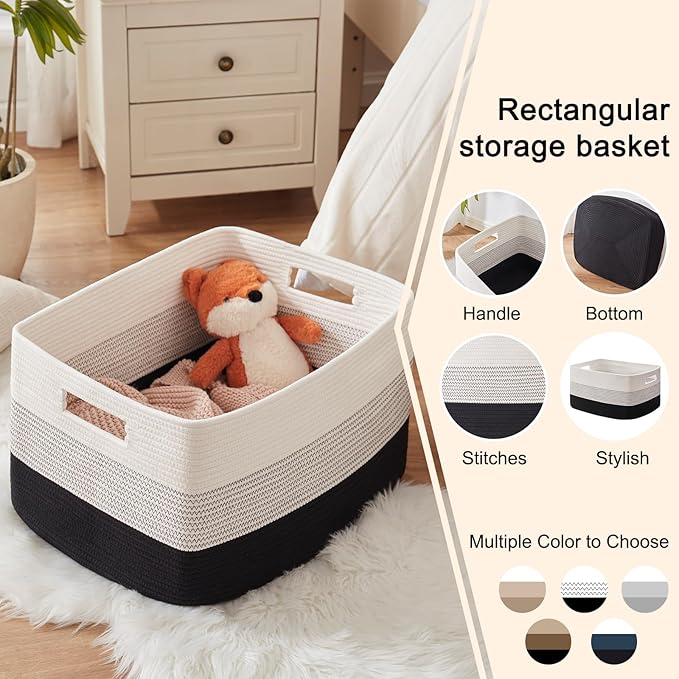 OIAHOMY Large Blanket Basket, 22?�x17?�x12??Rectangle Woven Baskets, Nursery Blanket Storage Living Room, Toy Storage With Handle, Large Baskets for Organizing-Gradient Black