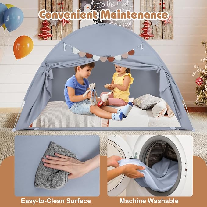 HONEY JOY Bed Tent Twin for Kids, Foldable Play Tent Canopy w/Flags, Windows, Indoor Outdoor Playhouse Toddler Tent, 79” x 39” x 48”, Washable, Kids Tent for Boys Girls Aged 3+, Birthday (Gray)