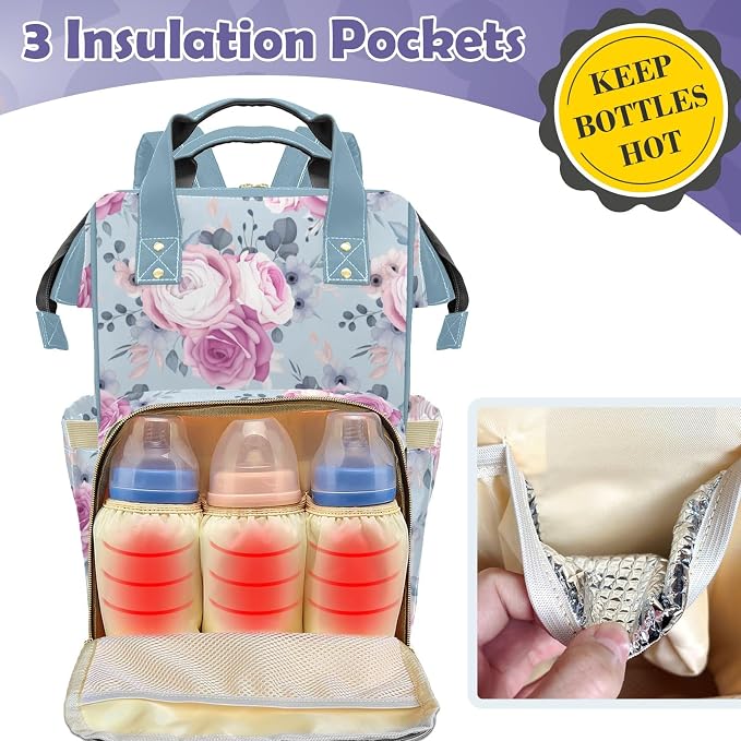 Diaper Backpack, Large Capacity & Insulated Pockets, Personalized Changing Bag, Multi-Functional for Boys/Girls Newborn to Toddler, Floral