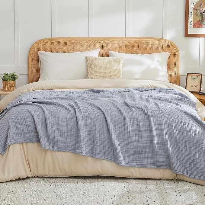 EMME Cotton Muslin Large Throw Blanket Couch Breathable Gauze Blanket Soft Lightweight Bed Blankets Adults (Dusty Blue, 50"x71")