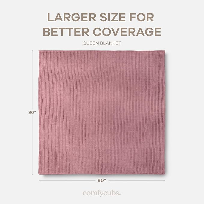 Comfy Cubs Waffle Blanket Queen, 90" x 90" - 100% Cotton Lightweight Breathable Bed Blanket - Soft Textured Thermal Weave for All Seasons – Decorative Cozy Layer for Couch, Sofa, or Bed - Mauve