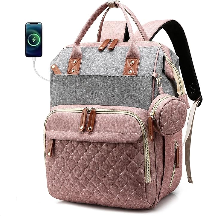 Black Diaper Bag Backpack, Multifunctional Waterproof Mommy Bag with Changing Pad, USB Port, Stroller Straps, Large Capacity Baby Travel Bag (dusty pink)