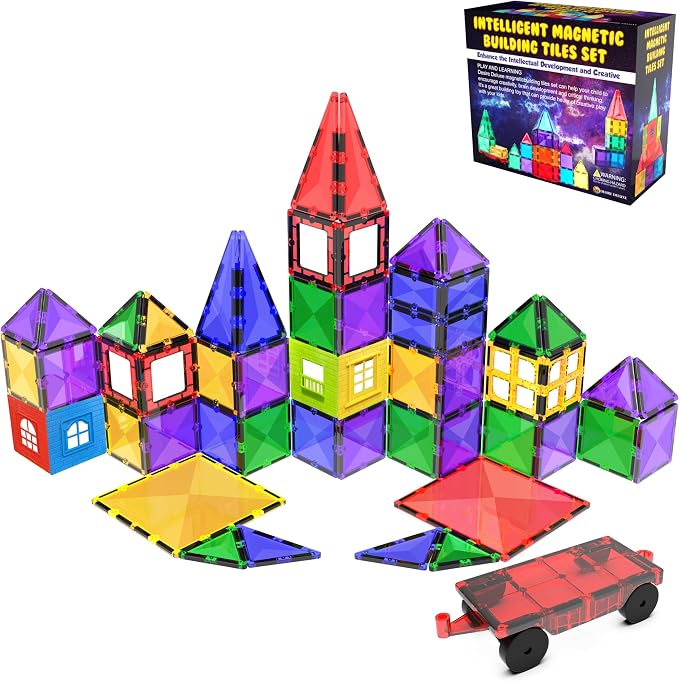 Magnetic Tiles Building Blocks Toy - STEM Educational Magnet Set for Kids, Creativity Preschool Learning Sensory Montessori Toddler Toys for Boys & Girls 3+ Years Old - 57PC